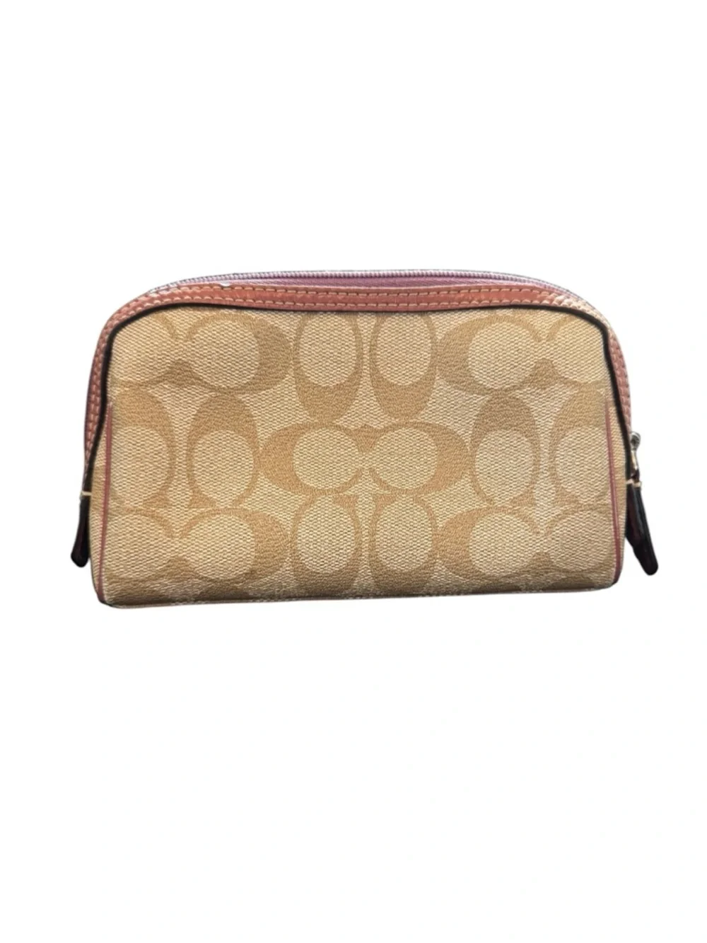 Coach Tan Signature C’s Canvas Cosmetic Makeup Case with Purple Trim